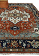 Hand Knotted Wool Area Rug Ivory Blue Rust Modern Traditional Heriz Serapi Woven by The Rug Decor