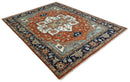 Hand Knotted Wool Area Rug Ivory Blue Rust Modern Traditional Heriz Serapi Woven by The Rug Decor