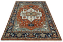 Hand Knotted Wool Area Rug Ivory Blue Rust Modern Traditional Heriz Serapi Woven by The Rug Decor