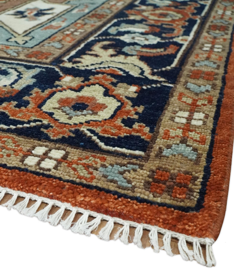 Hand Knotted Ivory, Blue and Rust Modern Traditional Heriz Serapi Multi Size Wool Area Rug