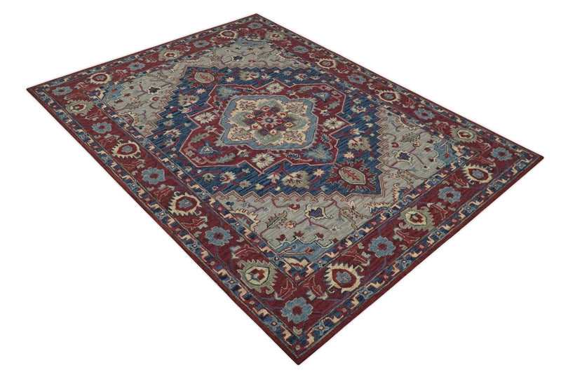 Red and Blue Hand Tufted Traditional Heriz Serapi Medallion Multi Size wool Area Rug