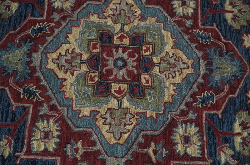 Red and Blue Hand Tufted Traditional Heriz Serapi Medallion Multi Size wool Area Rug