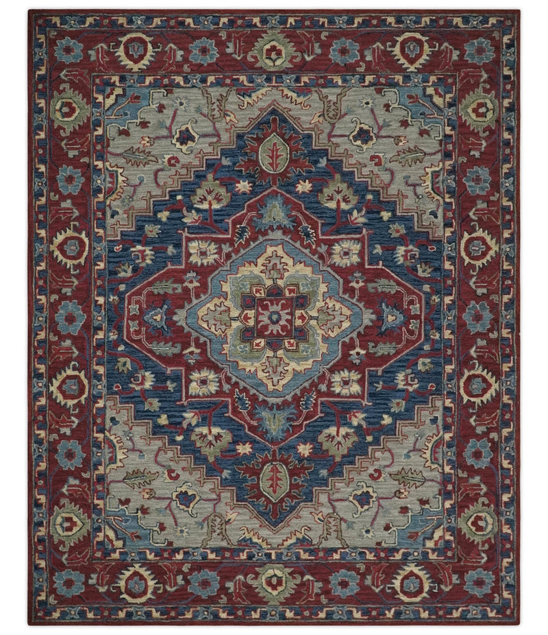 Red and Blue Hand Tufted Traditional Heriz Serapi Medallion Multi Size wool Area Rug