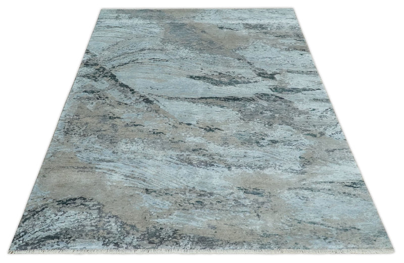 5x8 and 6x9 Aqua, Silver, Charcoal and Brown Modern Abstract Handmade Wool Area Rug