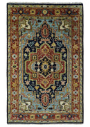 Custom Made Traditional Blue and Rust Hand Knotted Wool Area Rug