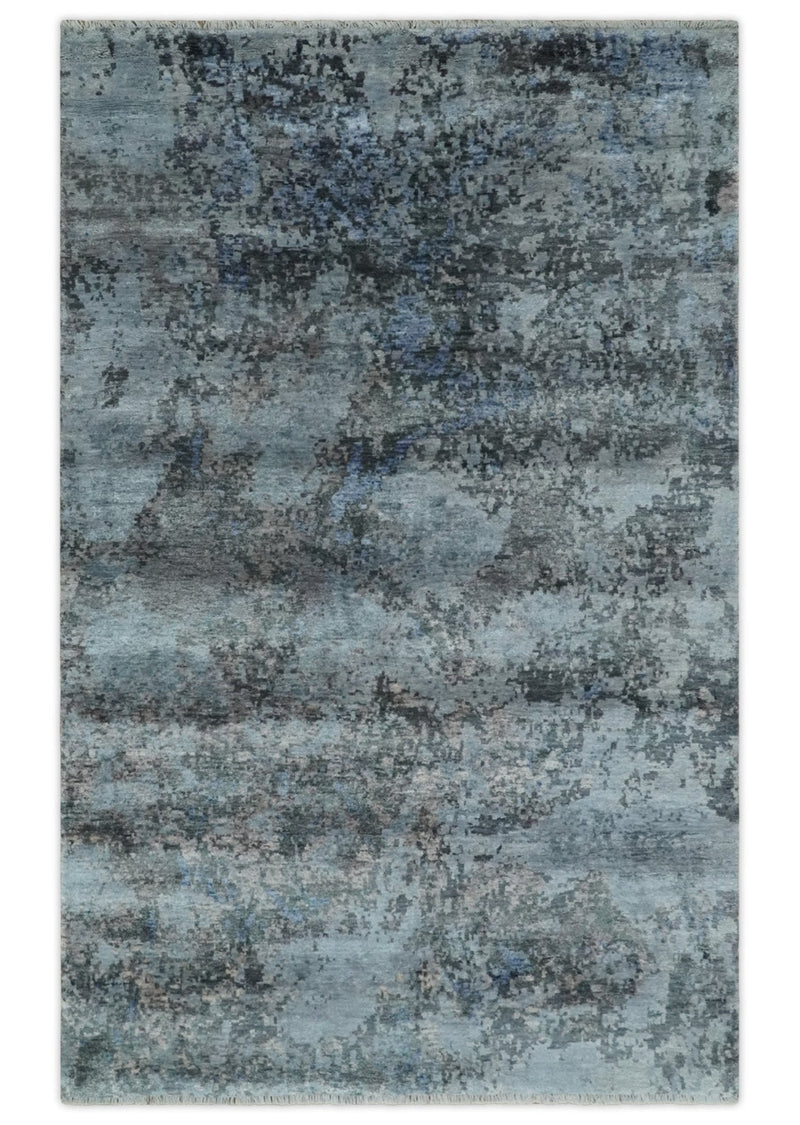 5x8 and 6x9 Silver, Charcoal and Blue Modern Abstract Handmade Wool Area Rug