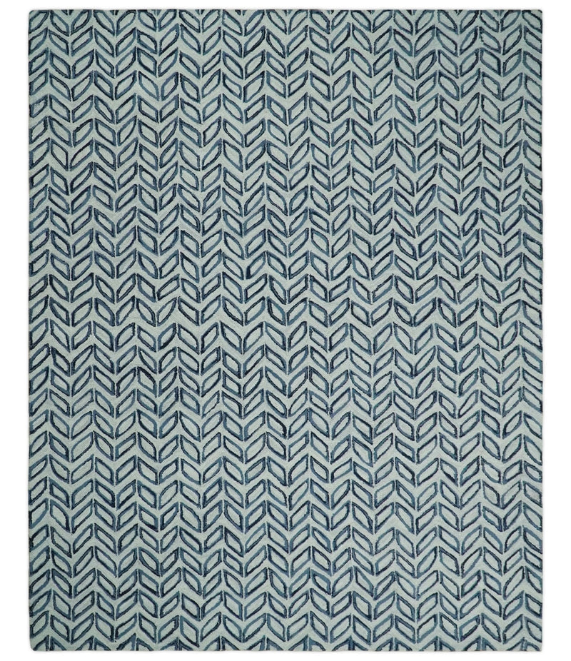 5X8 and 8x10 Contemporary Farmhouse Leaf's Hand Tufted Silver and Blue Loop Wool Rug