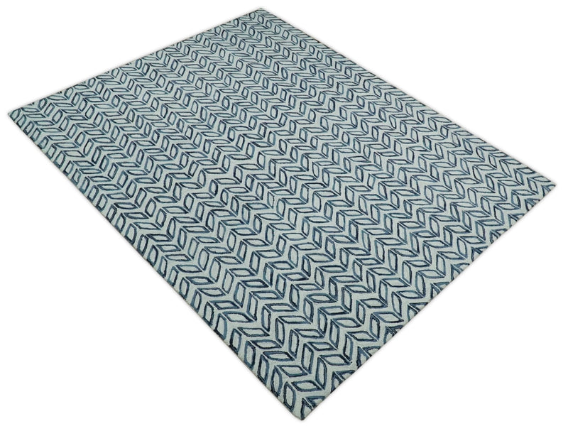 5X8 and 8x10 Contemporary Farmhouse Leaf's Hand Tufted Silver and Blue Loop Wool Rug