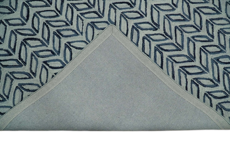 5X8 and 8x10 Contemporary Farmhouse Leaf's Hand Tufted Silver and Blue Loop Wool Rug
