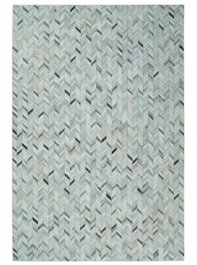 5x8 and 8x10 Genuine Leather Chevron Design Handmade Ivory and Silver Area Rug | LR4