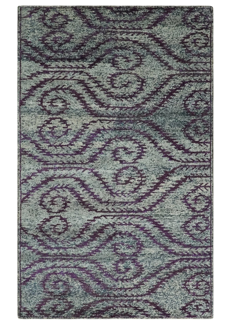 5x8 and 8x10 Hand Knotted  Blue, Gray and Purple Modern Contemporary Southwestern Tribal Trellis Recycled Silk Area Rug | OP32