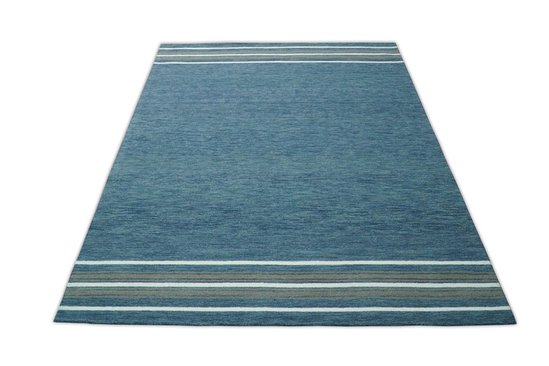 5x8 and 8x10 Hand Made Woolen Modern Solid Blue Area Rug | NAU004