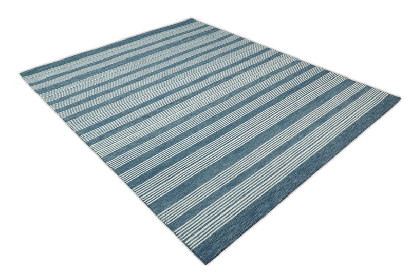 5x8 and 8x10 Hand Made Woolen Modern Stripes White and Blue Area Rug | NAU002