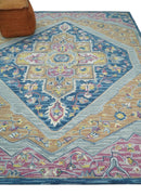 Kids, Nursery and Living Room Rug Hand Tufted Blue and Pink Wool Textured Loop Multi Size Area Rug