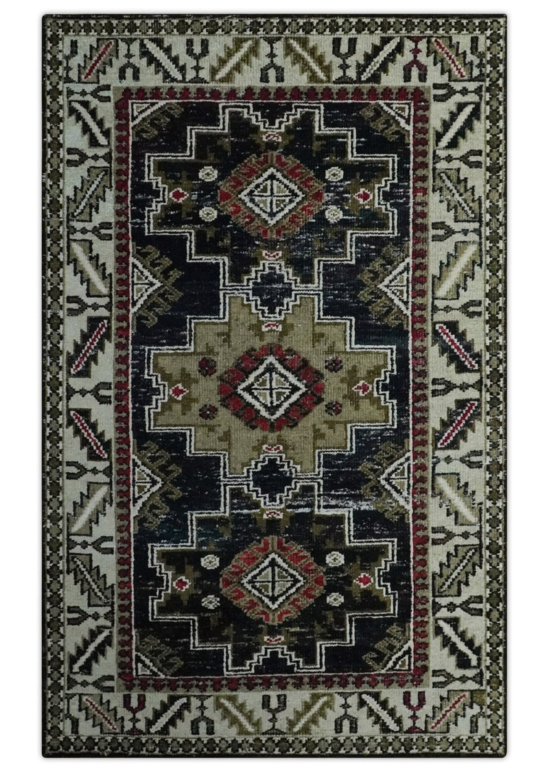 5x8 Black and Silver Traditional Heriz Hand Knotted wool area Rug