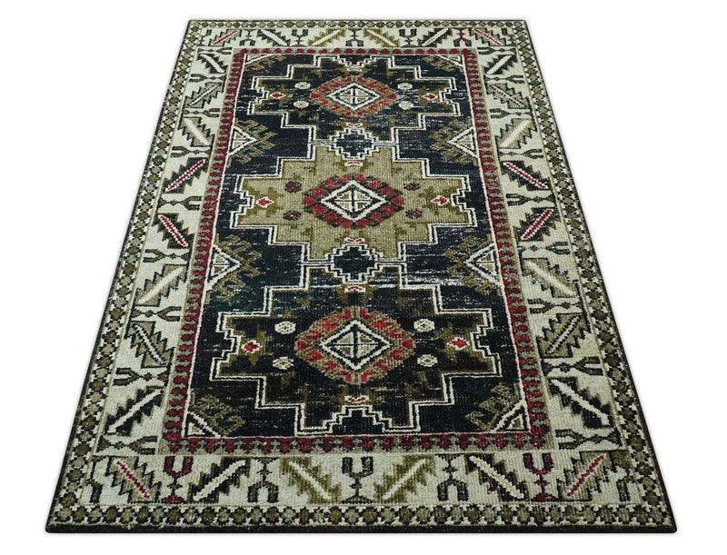 5x8 Black and Silver Traditional Heriz Hand Knotted wool area Rug