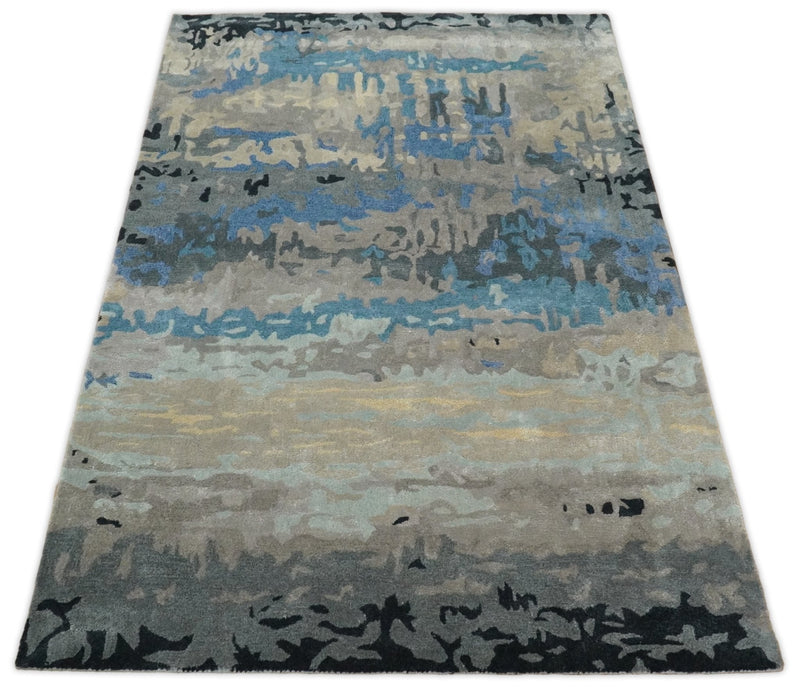 5x8 Blue and Brown Abstract Handmade Wool and Art Silk Area Rug