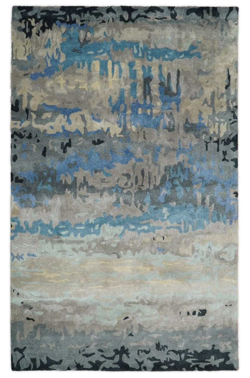 5x8 Blue and Brown Abstract Handmade Wool and Art Silk Area Rug