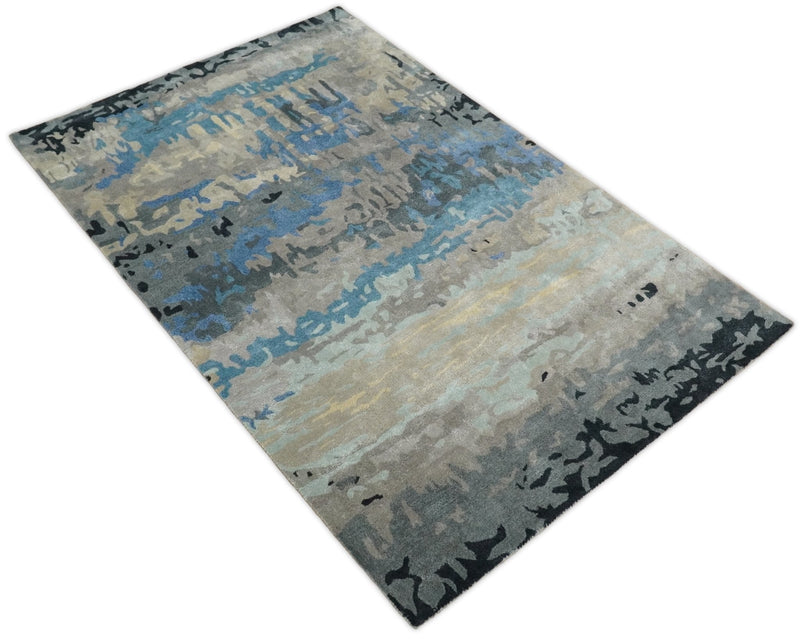 5x8 Blue and Brown Abstract Handmade Wool and Art Silk Area Rug