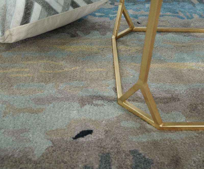 5x8 Blue and Brown Abstract Handmade Wool and Art Silk Area Rug