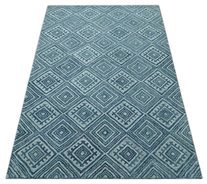 5x8 Blue and Silver Geometrical Pattern Hand Tufted Farmhouse Wool Area Rug