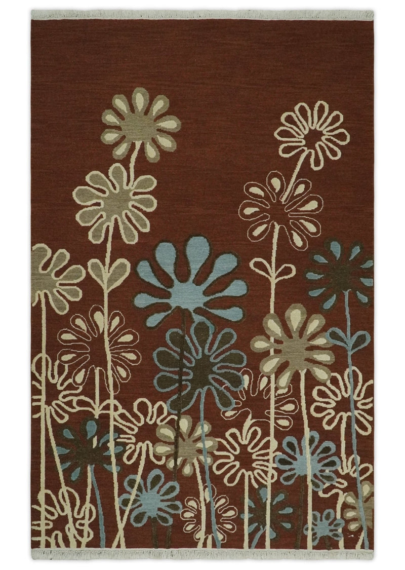 5x8 Brown, Camel and Silver Floral Pattern Flatwoven Soumak Weaver Farmhouse Wool Area Rug