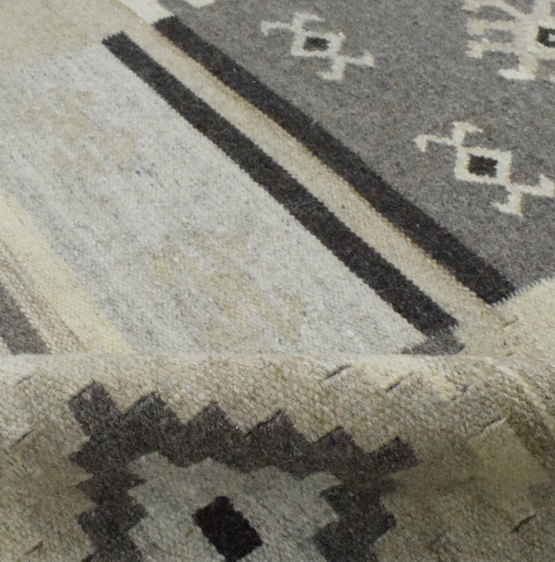 5x8 Dhurrie Rug, Beige Brown Tribal Pattern Wool Rug