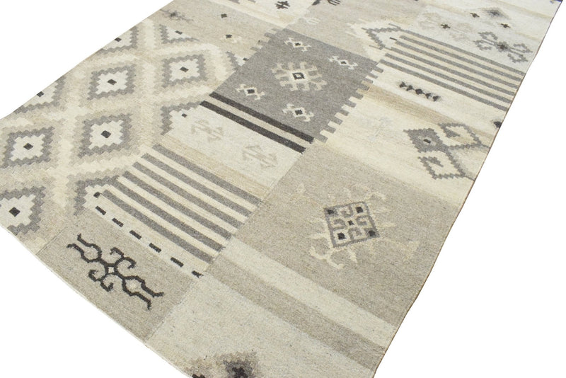 5x8 Dhurrie Rug, Beige Brown Tribal Pattern Wool Rug