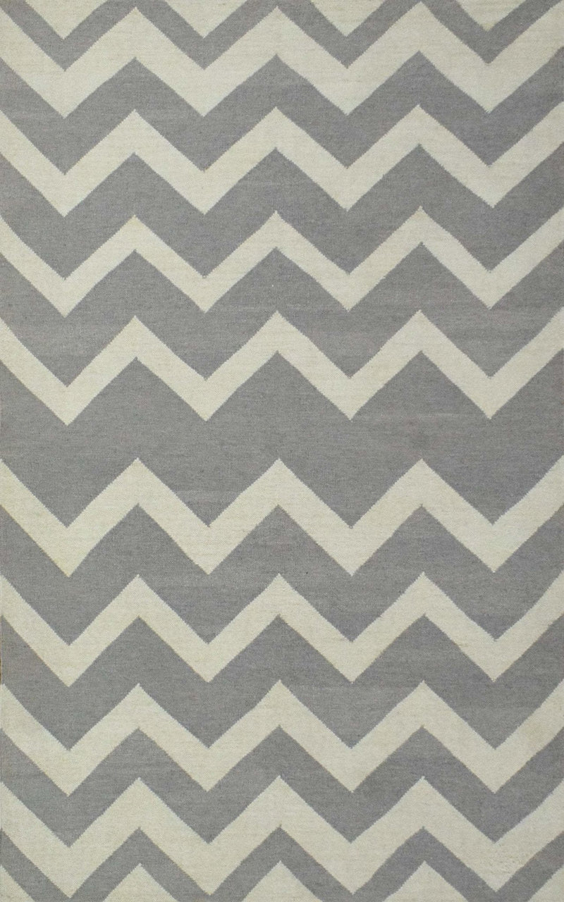 5x8 Dhurrie Rug, Gray and White Chevron Pattern Rug