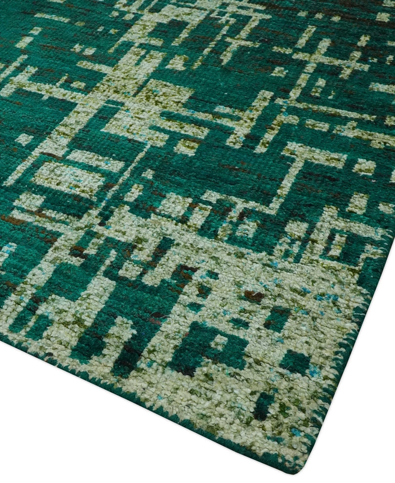 5x8 Green and Olive Hand Knotted Modern Abstract Contemporary Recycled Silk Rug