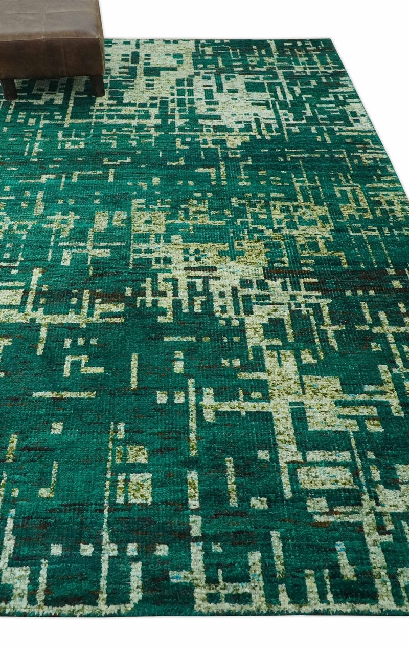 5x8 Green and Olive Hand Knotted Modern Abstract Contemporary Recycled Silk Rug