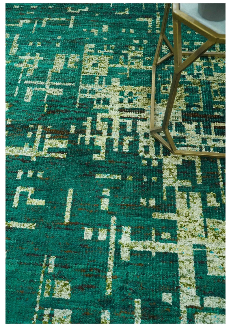 5x8 Green and Olive Hand Knotted Modern Abstract Contemporary Recycled Silk Rug