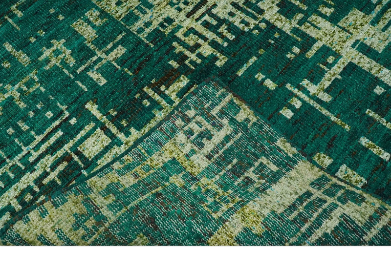 5x8 Green and Olive Hand Knotted Modern Abstract Contemporary Recycled Silk Rug