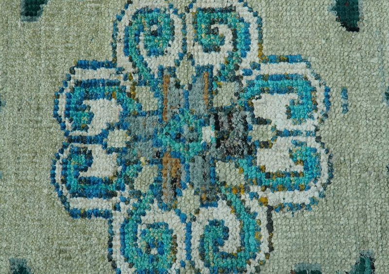 5x8 Green, Ivory and Blue Traditional Large design hand knotted wool area rug