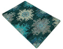 5x8 Green, Ivory and Blue Traditional Large design hand knotted wool area rug