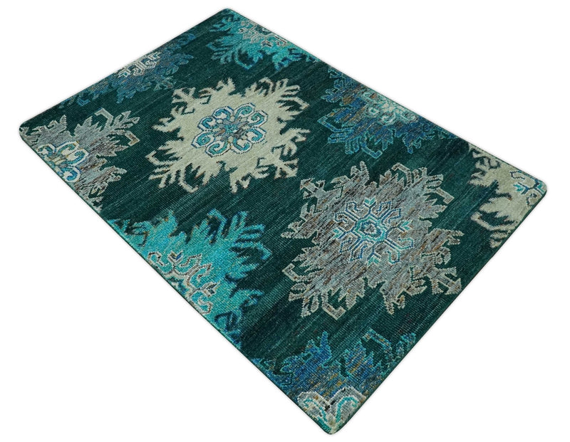 5x8 Green, Ivory and Blue Traditional Large design hand knotted wool area rug