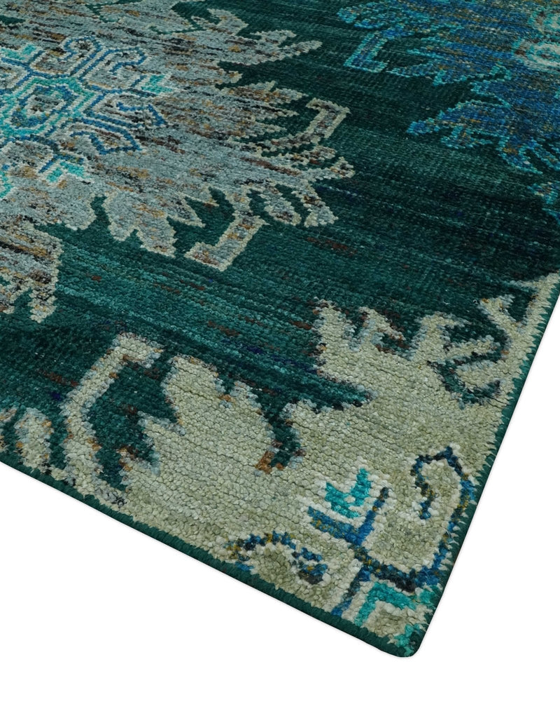 5x8 Green, Ivory and Blue Traditional Large design hand knotted wool area rug