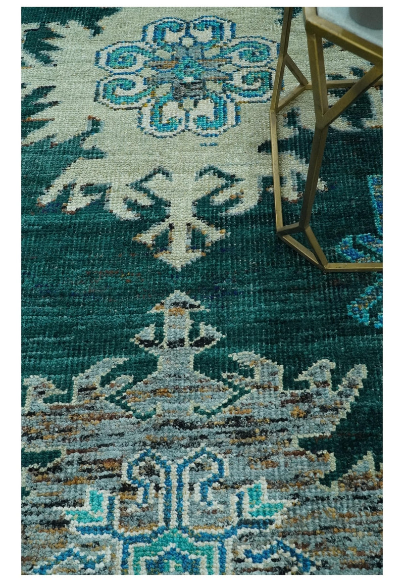 5x8 Green, Ivory and Blue Traditional Large design hand knotted wool area rug