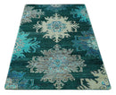 5x8 Green, Ivory and Blue Traditional Large design hand knotted wool area rug