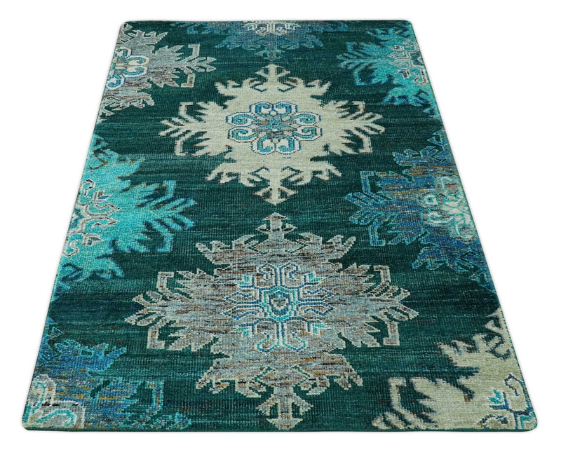 5x8 Green, Ivory and Blue Traditional Large design hand knotted wool area rug