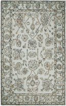 Wool Area Rug Hand Hooked in Ivory and Blue Textured Loop 5x8 Feet for Living Rooms