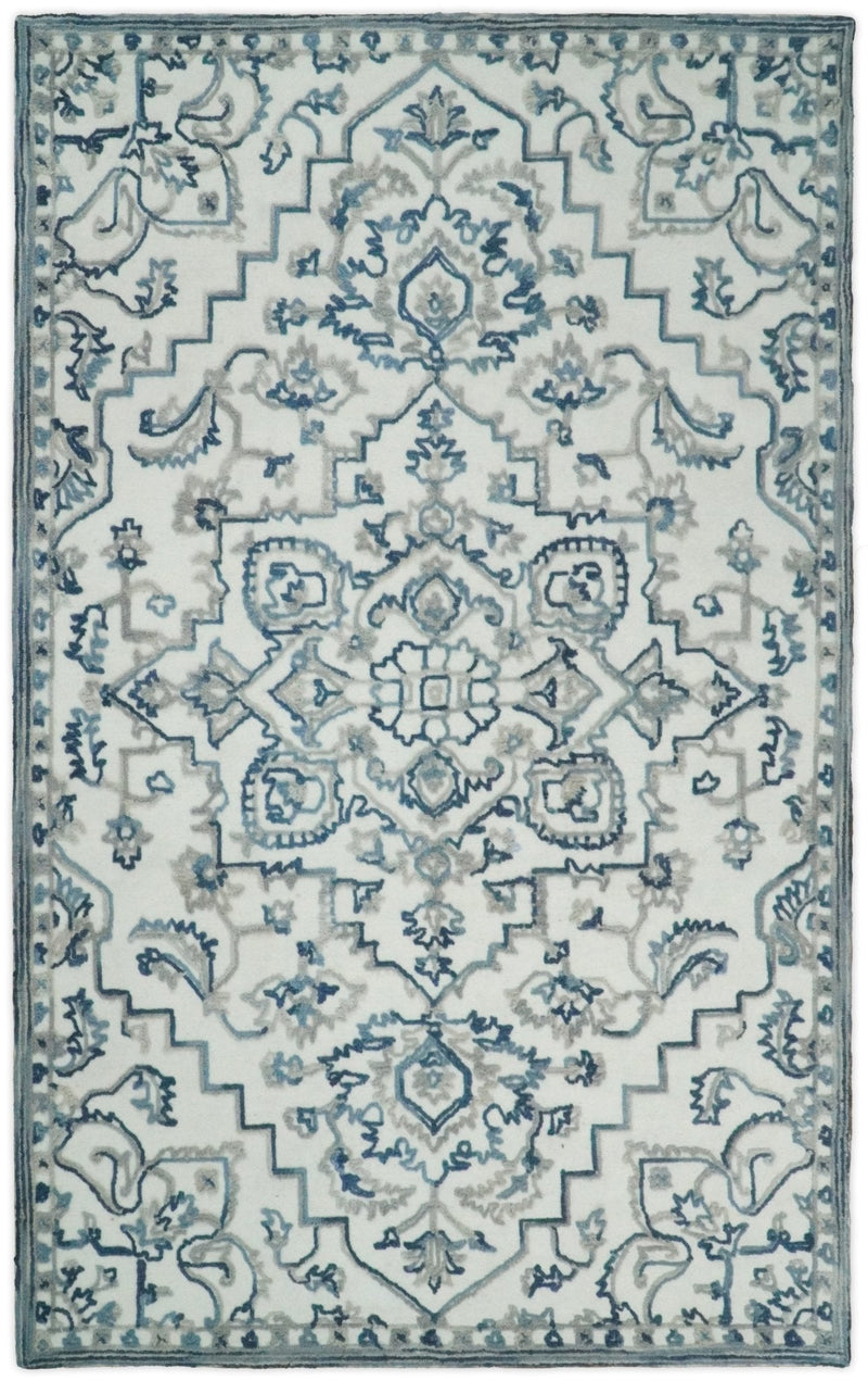 5x8 Hand Hooked Blue and Silver Wool Textured Loop Area Rug | GAR1