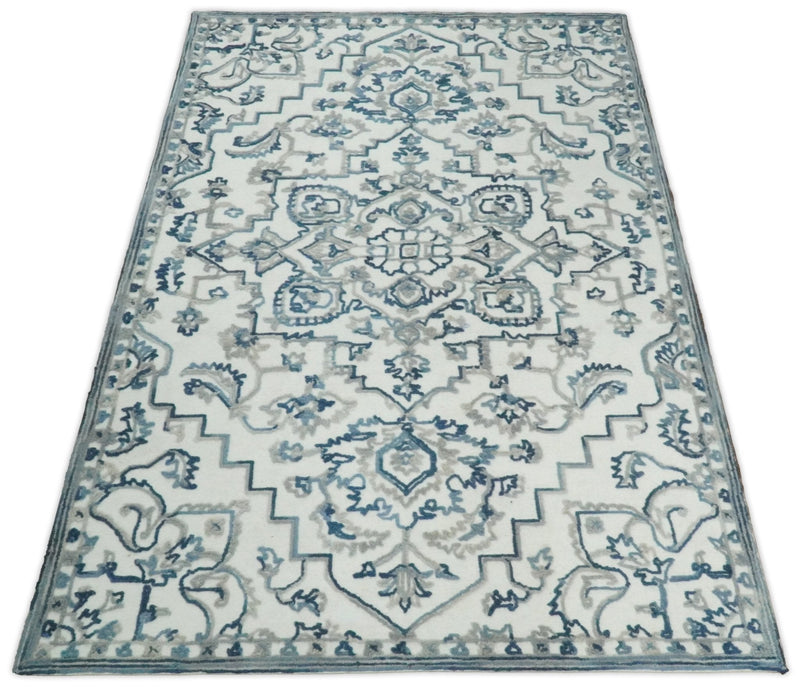 5x8 Hand Hooked Blue and Silver Wool Textured Loop Area Rug | GAR1