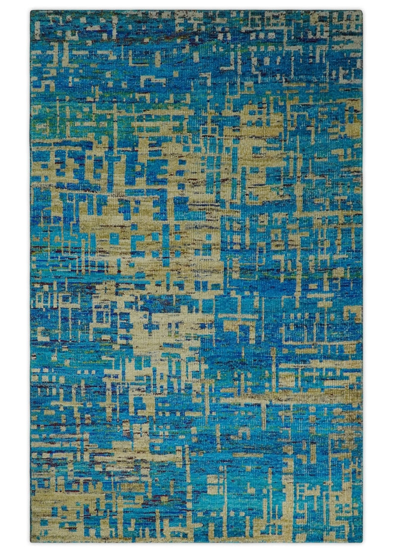 5x8 Hand Knotted Beige and Blue Modern Abstract Contemporary Recycled Silk Area Rug | OP101