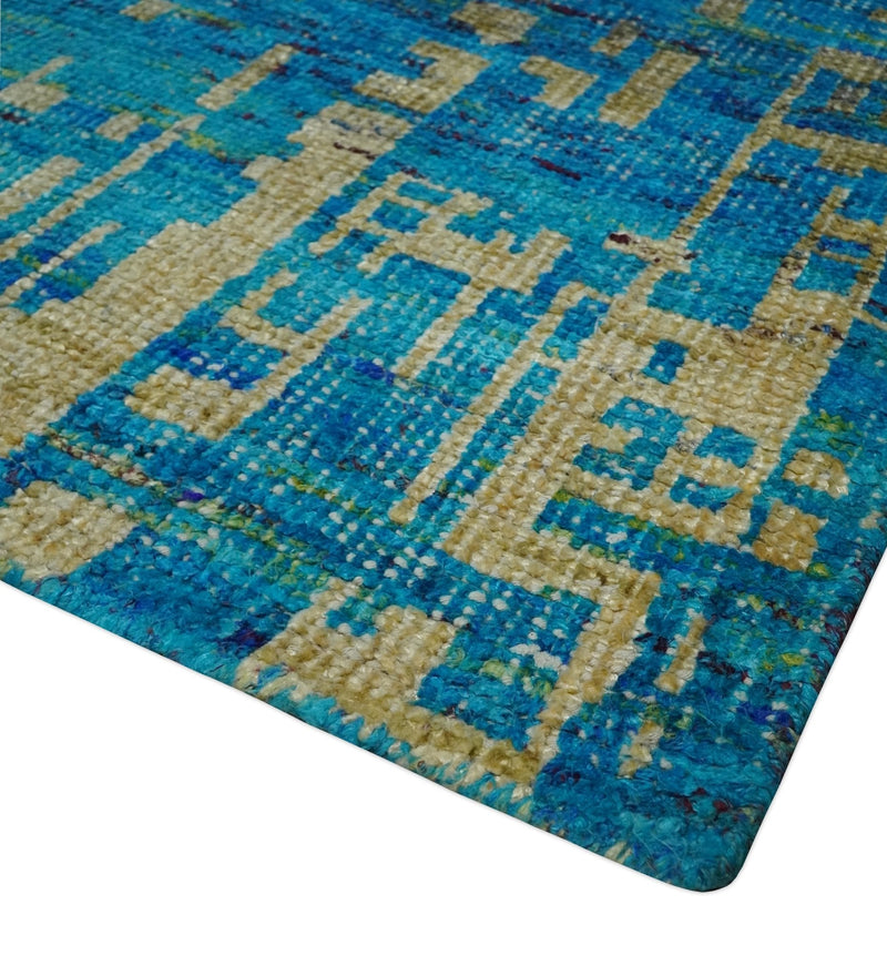 5x8 Hand Knotted Beige and Blue Modern Abstract Contemporary Recycled Silk Area Rug | OP101