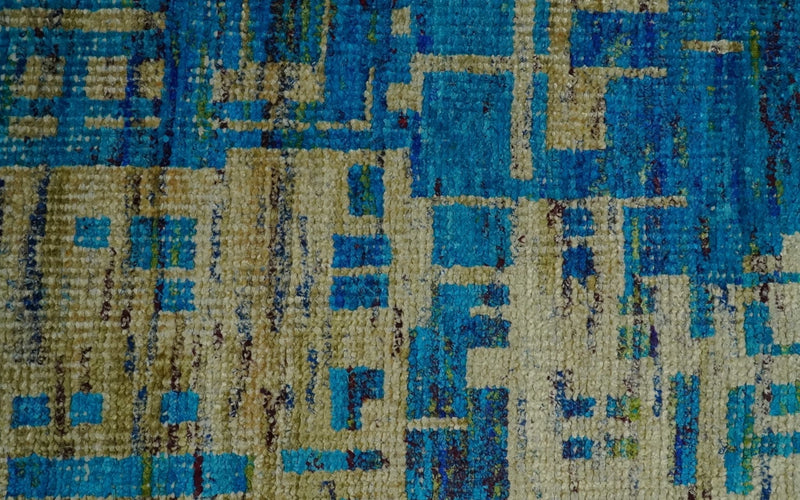 5x8 Hand Knotted Beige and Blue Modern Abstract Contemporary Recycled Silk Area Rug | OP101