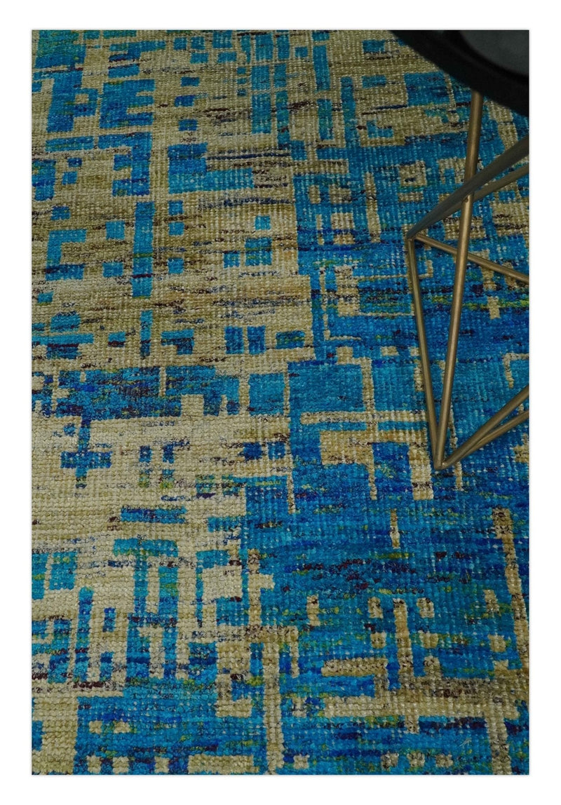 5x8 Hand Knotted Beige and Blue Modern Abstract Contemporary Recycled Silk Area Rug | OP101