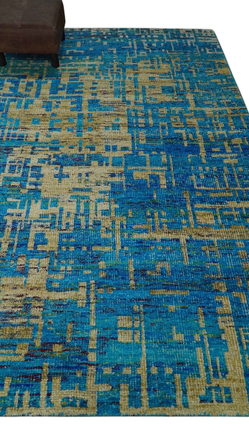 5x8 Hand Knotted Beige and Blue Modern Abstract Contemporary Recycled Silk Area Rug | OP101