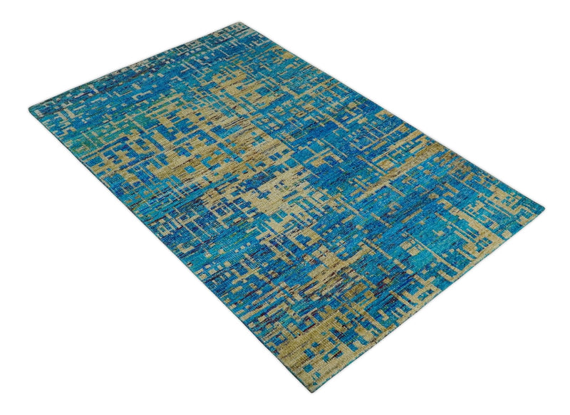 5x8 Hand Knotted Beige and Blue Modern Abstract Contemporary Recycled Silk Area Rug | OP101