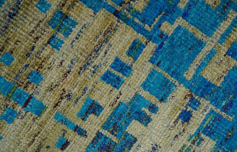 5x8 Hand Knotted Beige and Blue Modern Abstract Contemporary Recycled Silk Area Rug | OP101